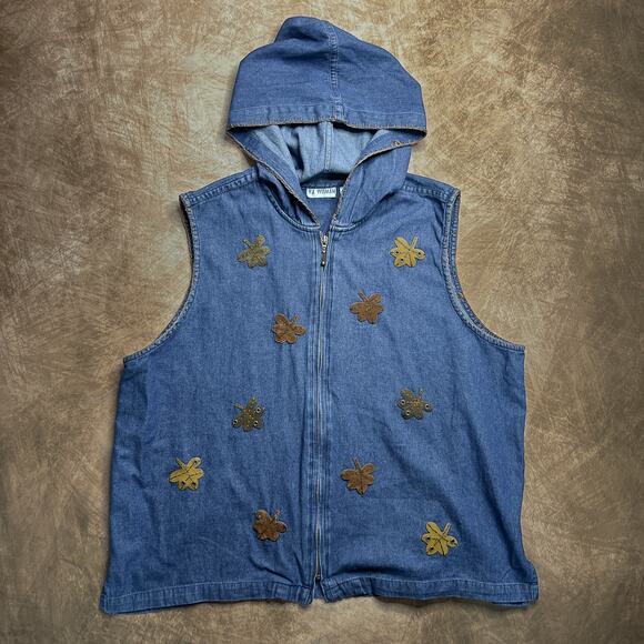 Vintage 90s VJ Woman Patchwork Fall Foliage Sleeveless Zip Up Denim Hooded Fall - Picture 1 of 7